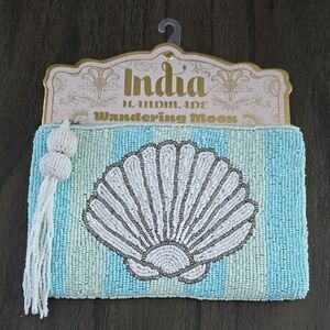 Beaded SeaShell Pouch Aqua and White